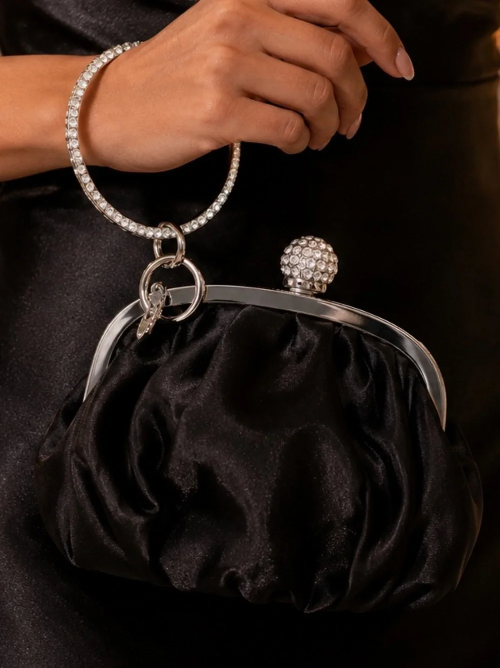 Black Satin Evening Bag Rhinestone Ring Wristlet Clutch NWT